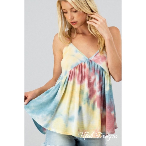 LAST 1! V Neck Waffle Knit Tie Dye Flutter Cami! - Picture 2 of 5